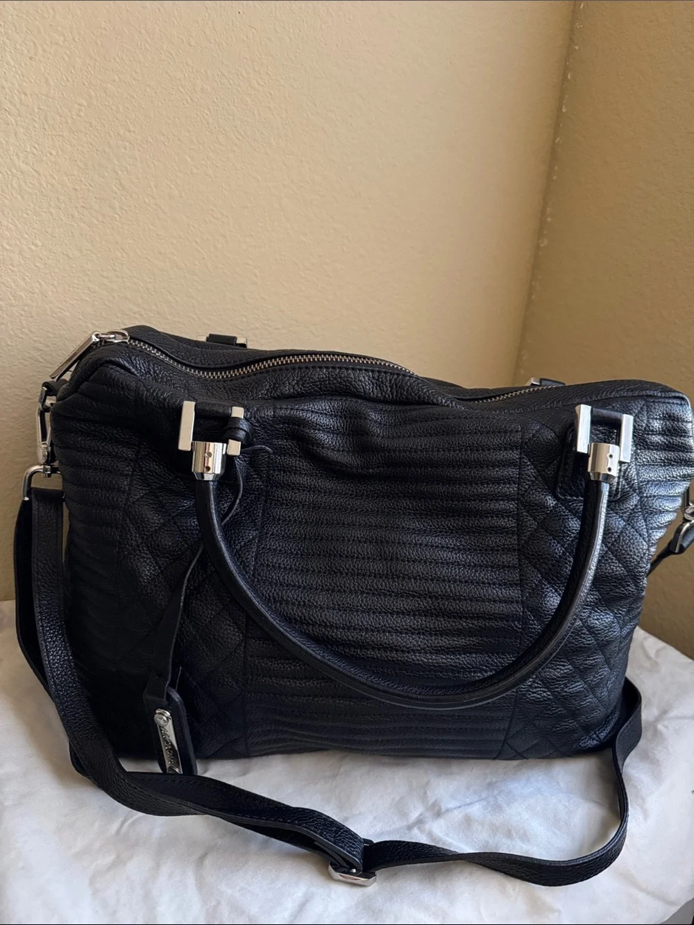 Arcadia Black Quilted Leather Satchel with Silver Hardware - Picture 1 of 6